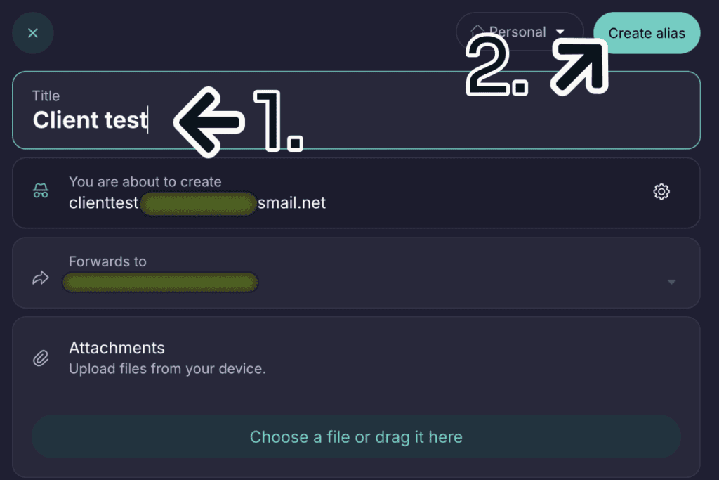 Proton Pass form for a new alias titled Client test, with the create alias button