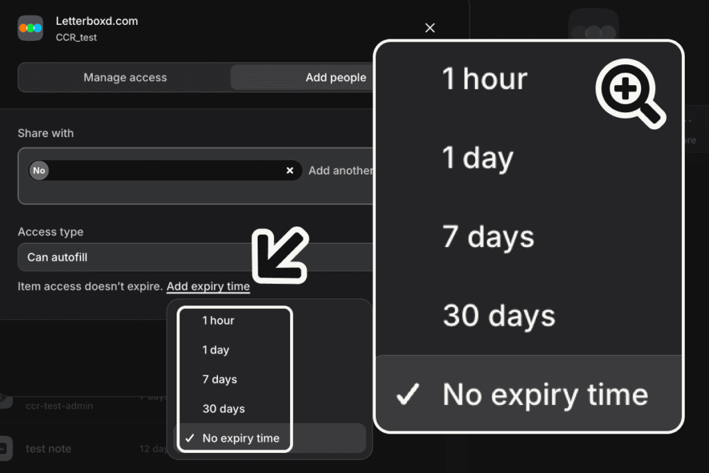 NordPass share window with an expiry list offering 1 hour, 1 day, 7 days, 30 days, or no expiry time