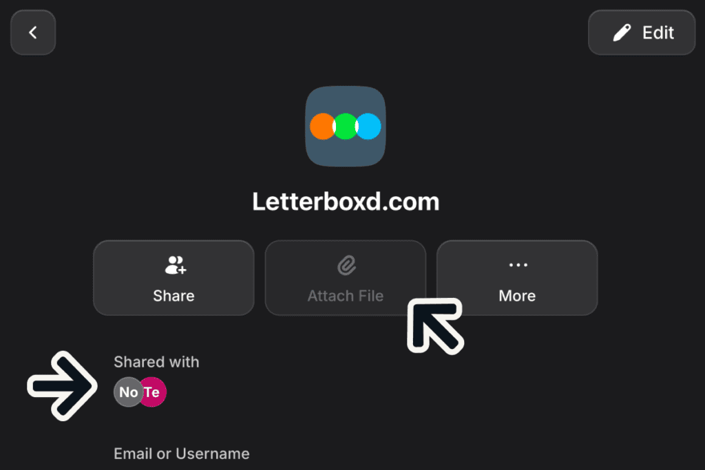 NordPass login just shared, with a shared with row and the attach file button grayed out