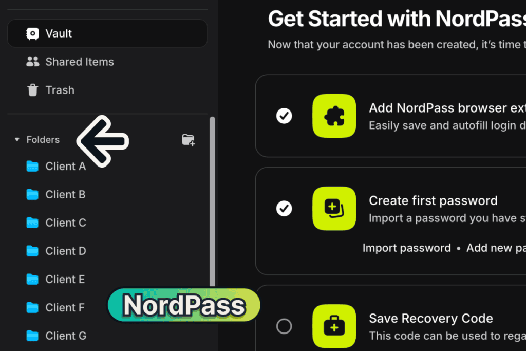 NordPass folder list with a separate folder for each client