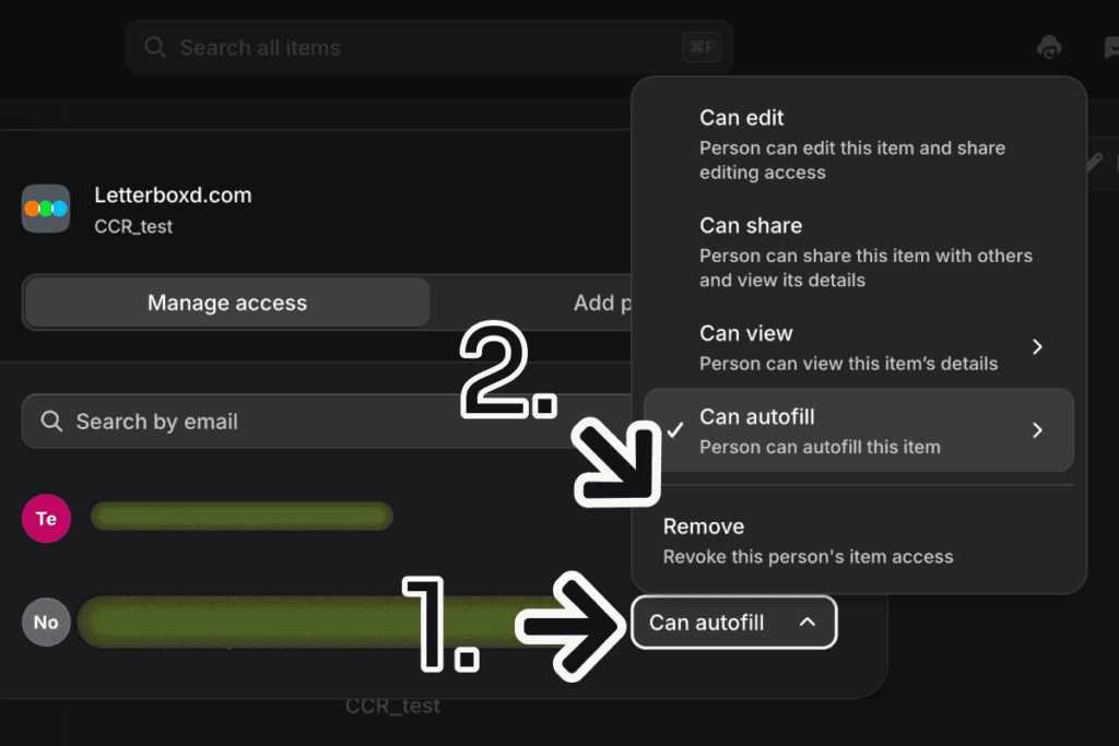 NordPass manage access menu with four access levels and an option to remove the person