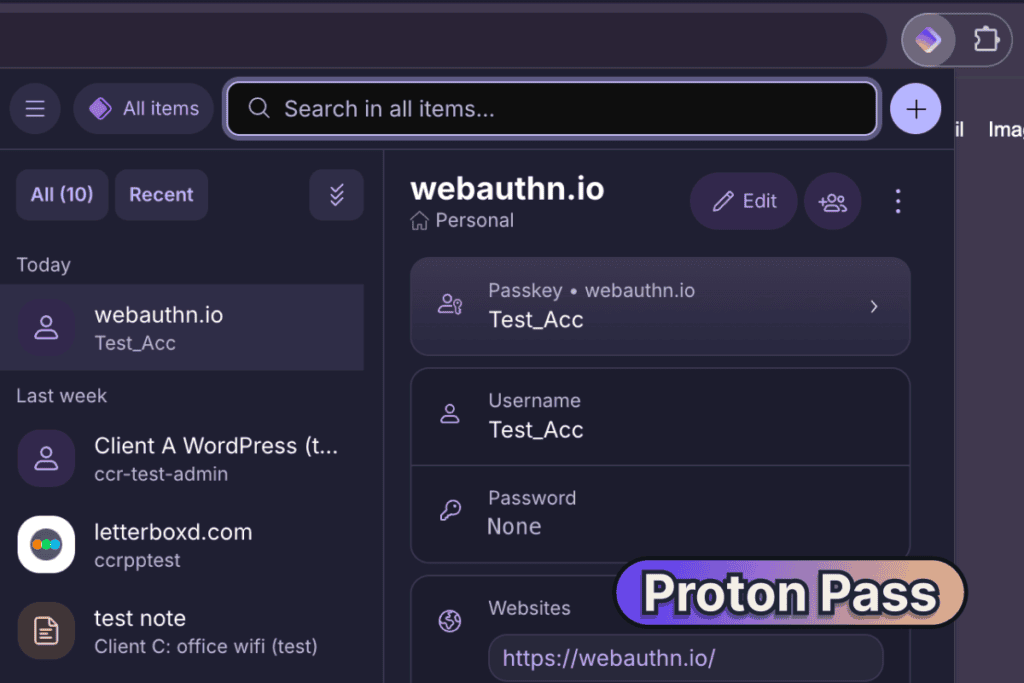 Proton Pass extension open on the vault after Chrome restarts, with no password asked