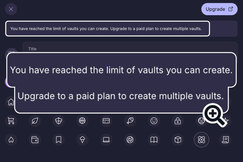 Proton Pass free plan message saying the limit of vaults has been reached and asking to upgrade for more vaults
