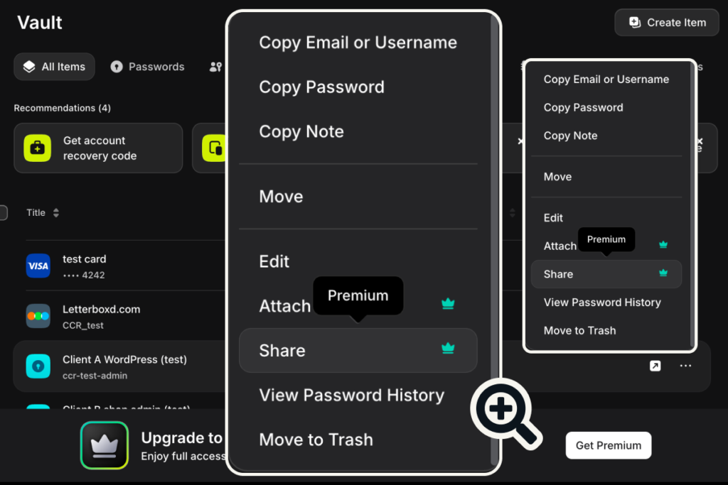 NordPass item menu on the free plan with Share and Attach marked as Premium