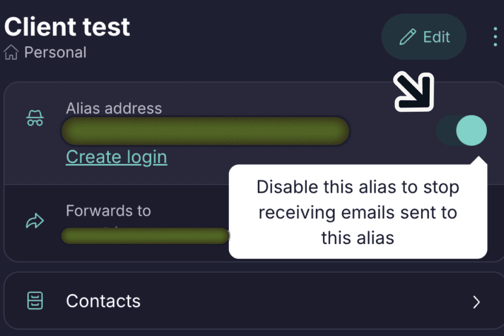 Proton Pass alias with its on and off switch and a tooltip explaining how to disable it