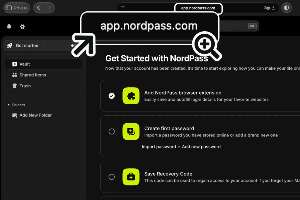NordPass web vault open in Safari on the free plan, with its get started checklist