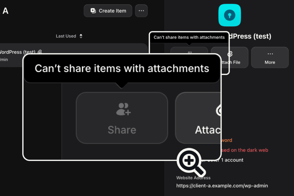 NordPass login with a file attached, its share button grayed out with a tooltip saying items with attachments cannot be shared