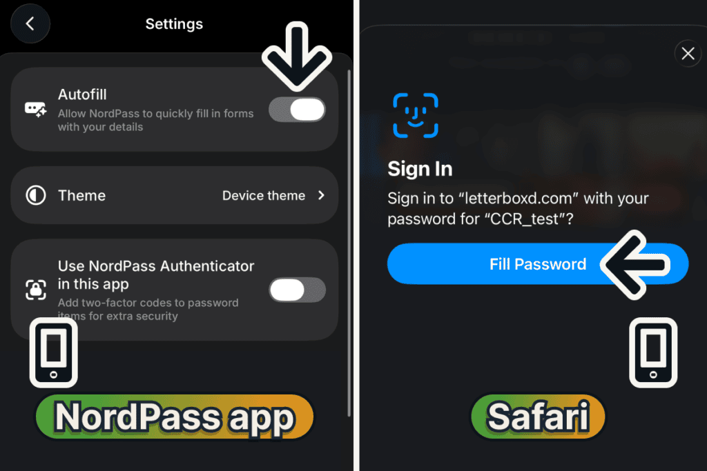 NordPass iPhone app settings with autofill on, beside a Face ID prompt to fill a saved password in Safari