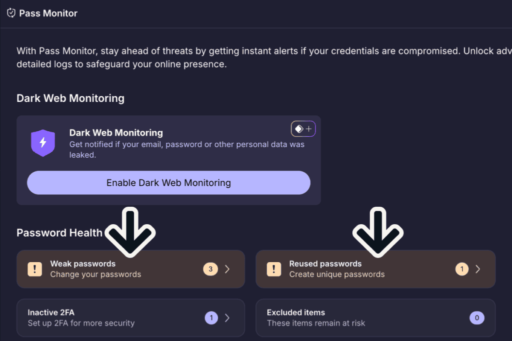 Proton Pass Monitor on the free plan showing three weak passwords and one reused password