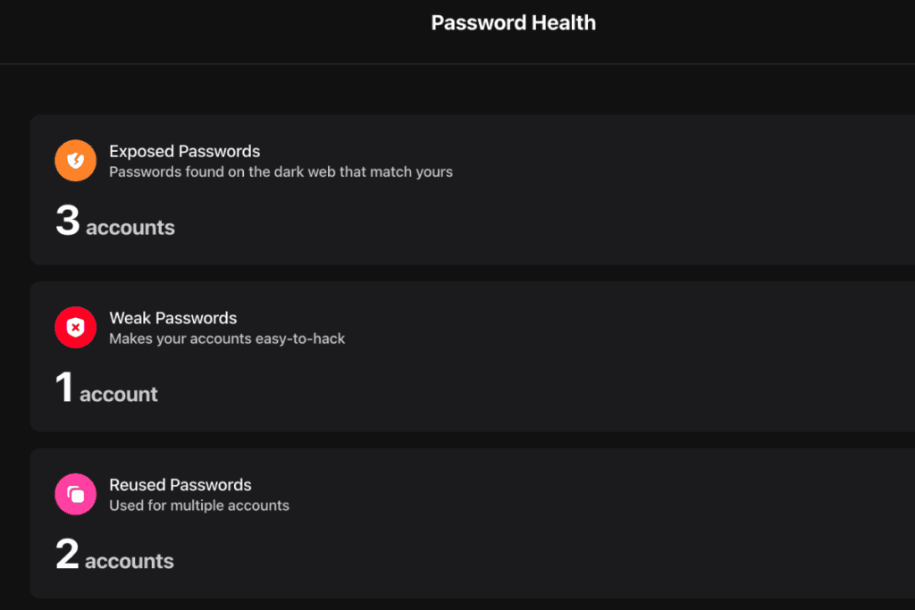 NordPass Password Health on Premium showing three exposed, one weak, and two reused passwords