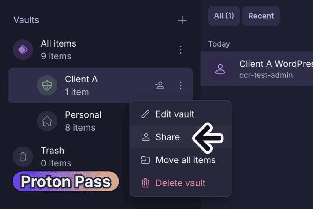 Proton Pass free plan vault menu with a share option