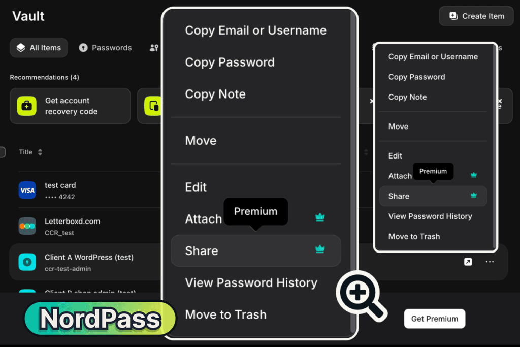 NordPass free plan login menu with sharing marked as Premium