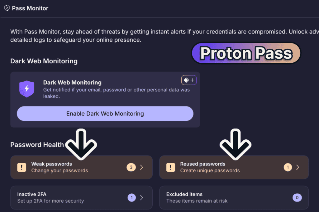 Proton Pass free plan finding weak and reused passwords