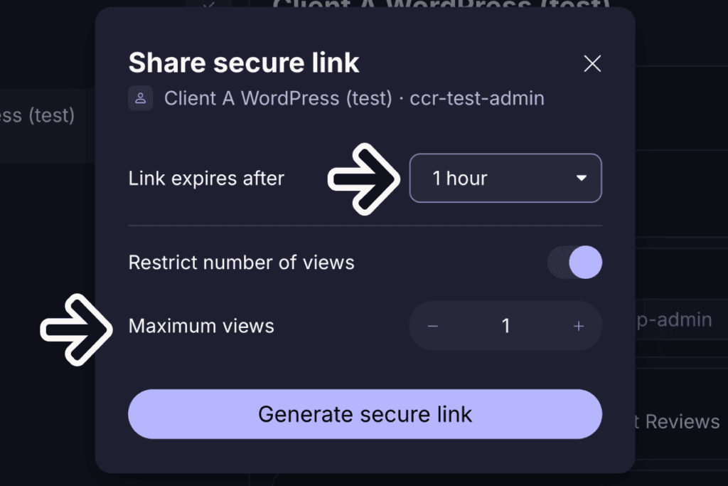 Proton Pass secure link set to expire after one hour and one view