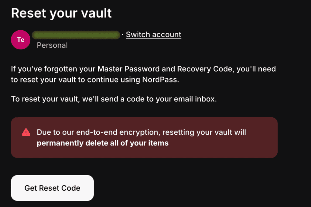 NordPass reset vault page warning that resetting the vault permanently deletes all items