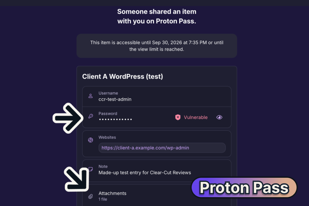 Shared Proton Pass login opened without an account, with the password field and one attached file