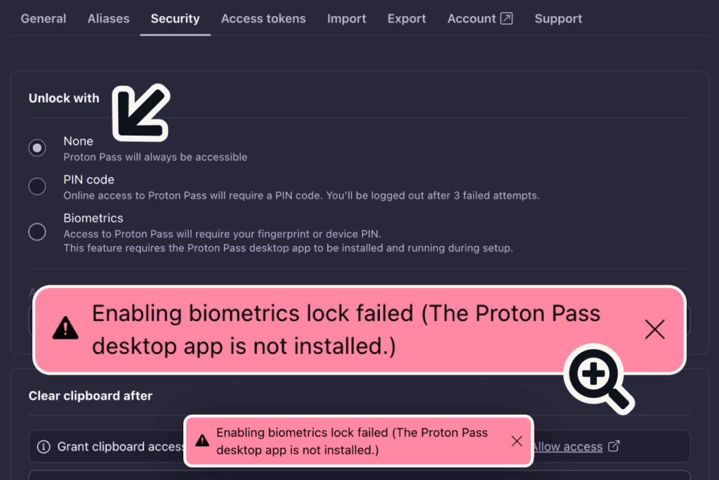 Proton Pass security settings with unlock set to none and an error saying biometric unlock needs the desktop app