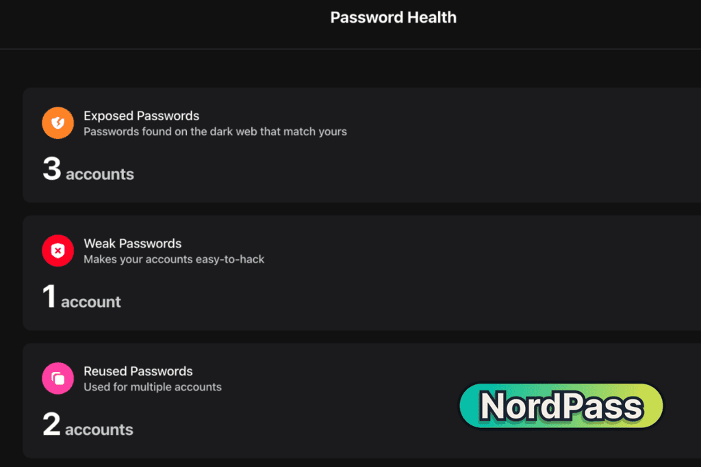 NordPass Password Health on Premium finding exposed, weak, and reused passwords
