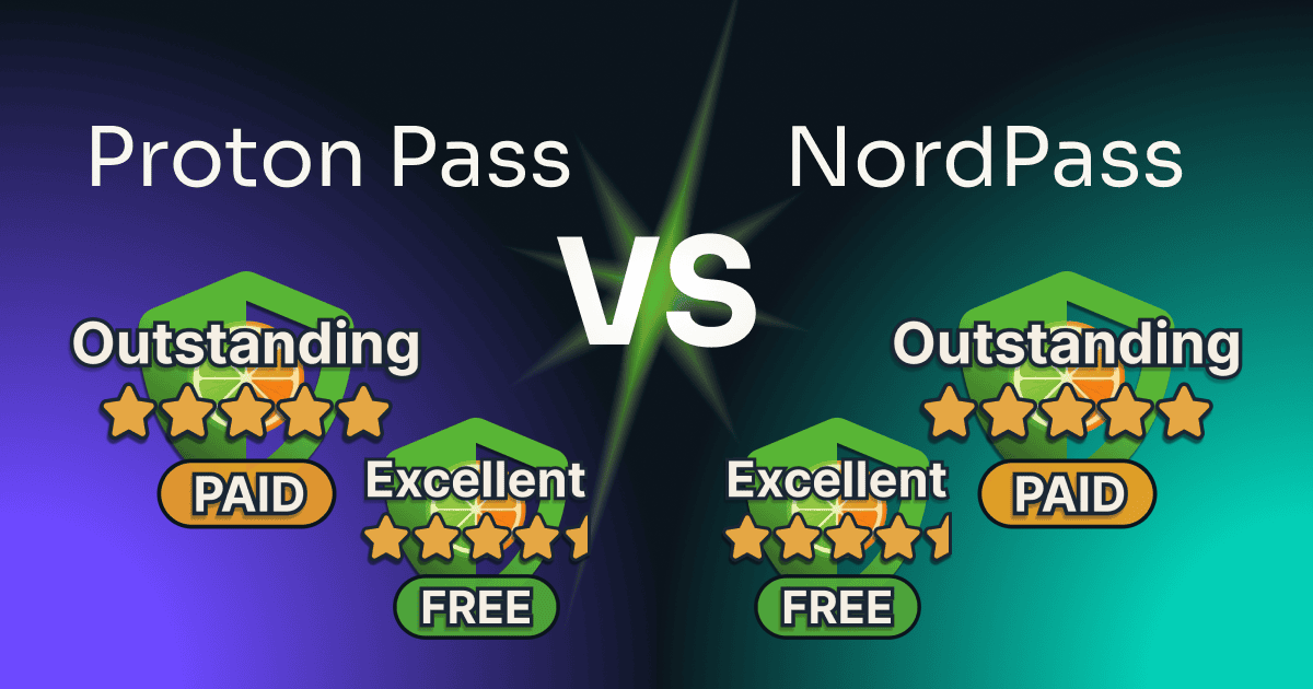 proton pass vs nordpass: both tools rated Excellent at 4.5 on their free plans and Outstanding at 5 on their paid plans