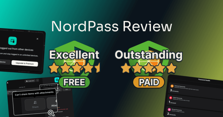 nordpass review: Premium rated Outstanding, 5 out of 5, and the free plan rated Excellent, 4.5 out of 5, beside the one-device pop-up, the Password Health results and the share button greyed out on a login with a file